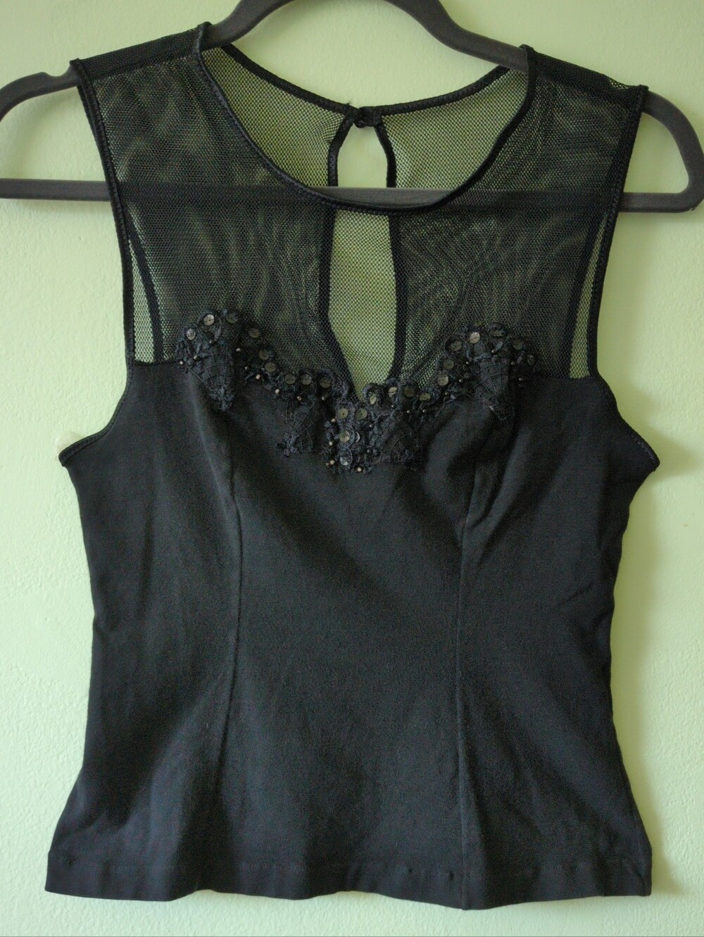 Vintage 90s Small Xs Papillon Blanc Going Out Top Black Mesh Tank Sheer Cotton
